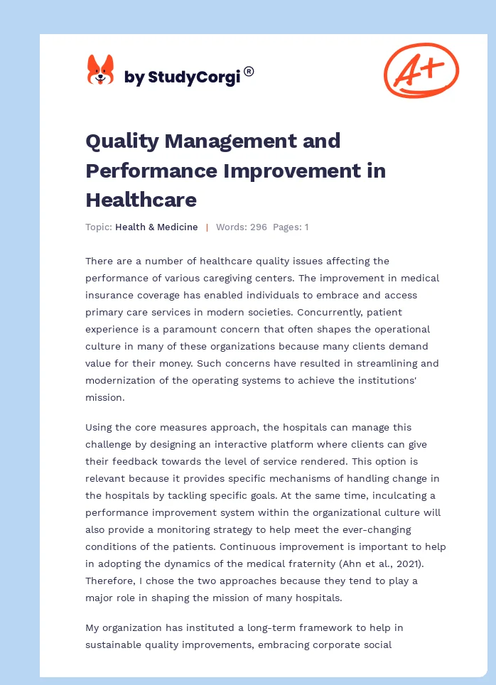 Quality Management and Performance Improvement in Healthcare. Page 1