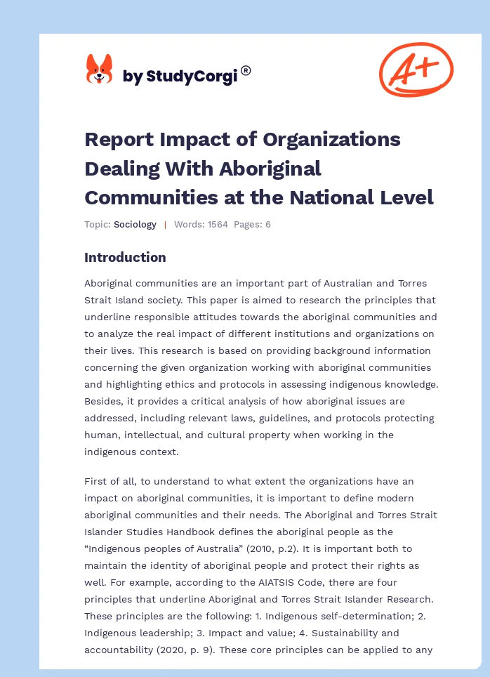Report Impact of Organizations Dealing With Aboriginal Communities at the National Level. Page 1