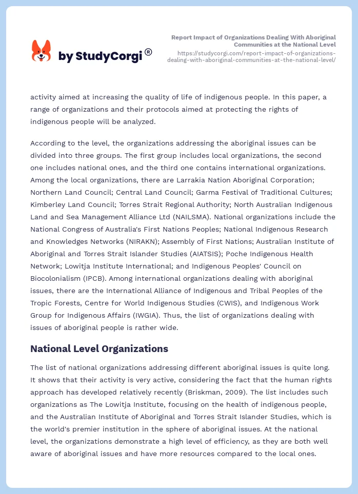 Report Impact of Organizations Dealing With Aboriginal Communities at the National Level. Page 2