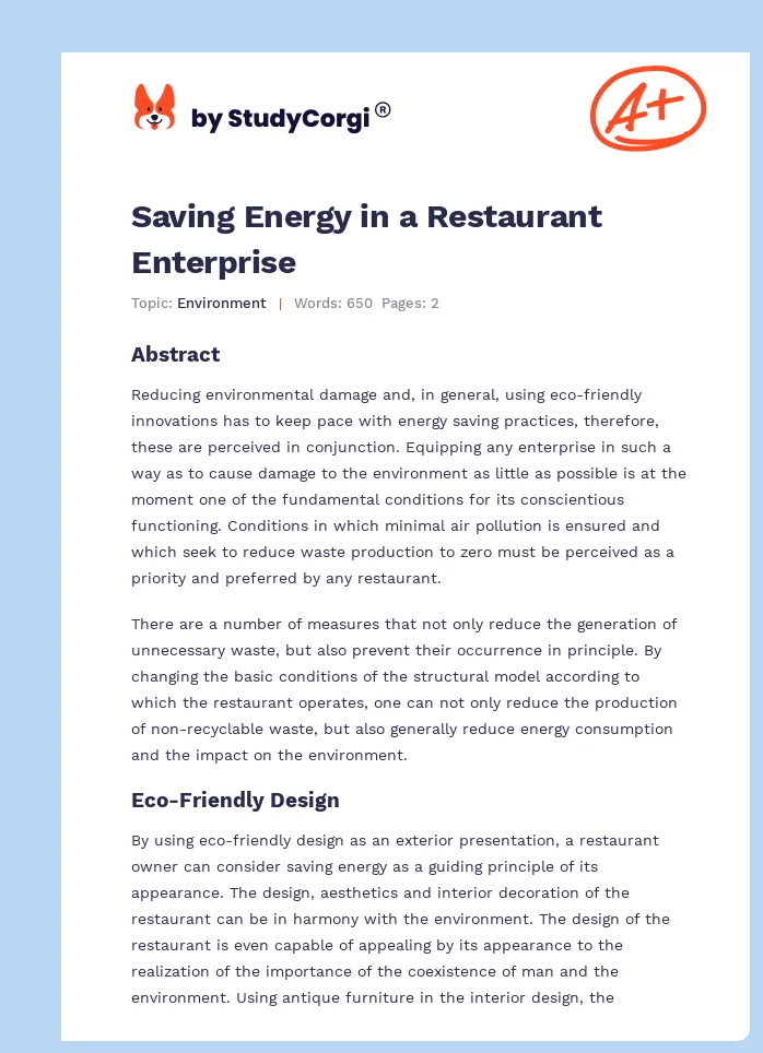 Saving Energy in a Restaurant Enterprise. Page 1