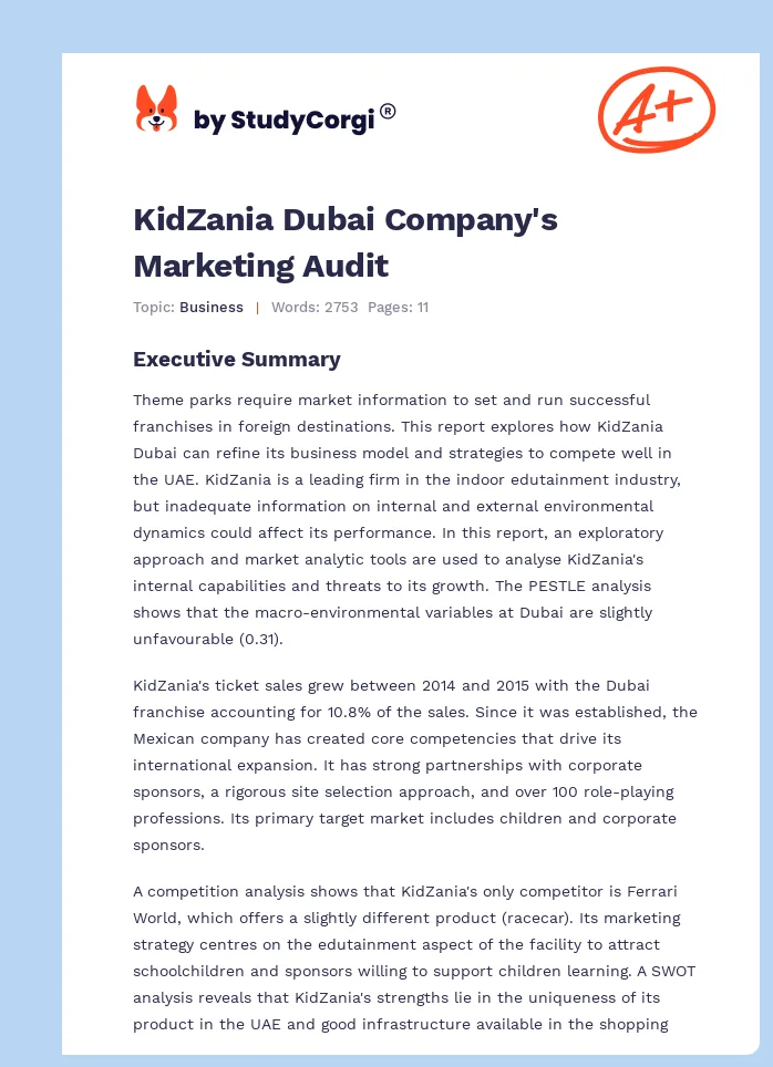 KidZania Dubai Company's Marketing Audit. Page 1