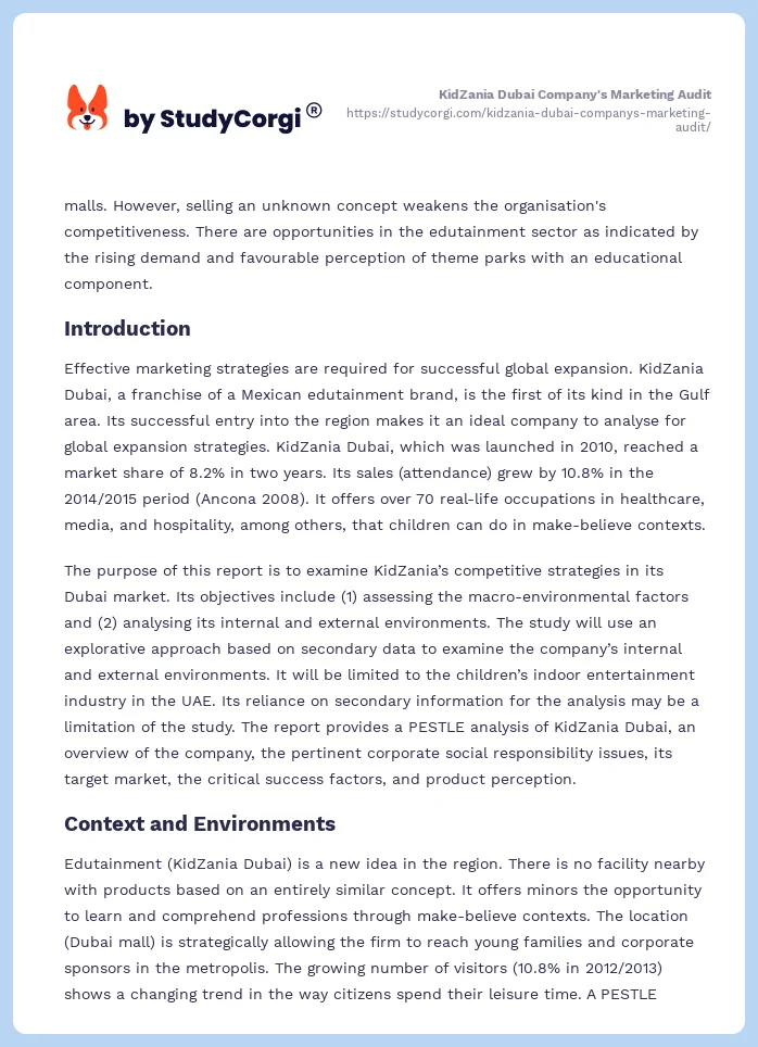KidZania Dubai Company's Marketing Audit. Page 2