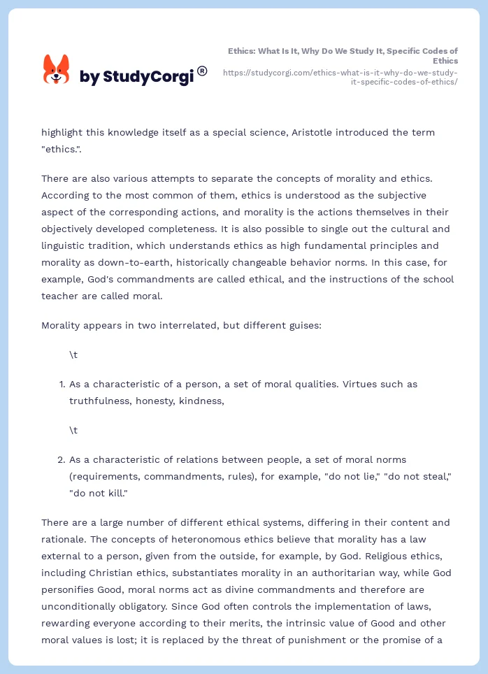 Ethics: What Is It, Why Do We Study It, Specific Codes of Ethics. Page 2