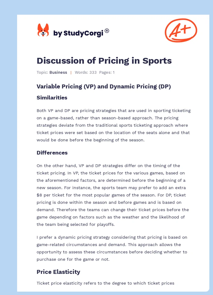 Discussion of Pricing in Sports. Page 1