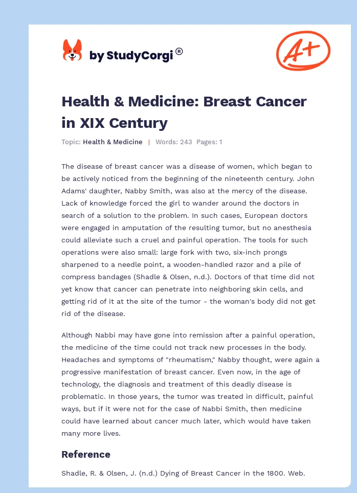 Health & Medicine: Breast Cancer in XIX Century. Page 1