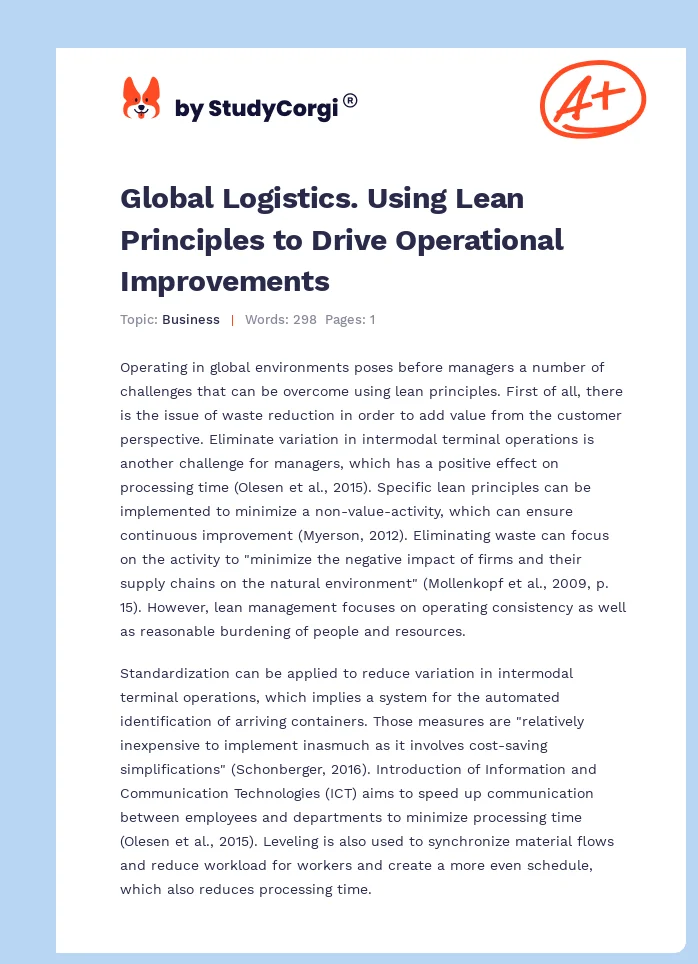 Global Logistics. Using Lean Principles to Drive Operational Improvements. Page 1