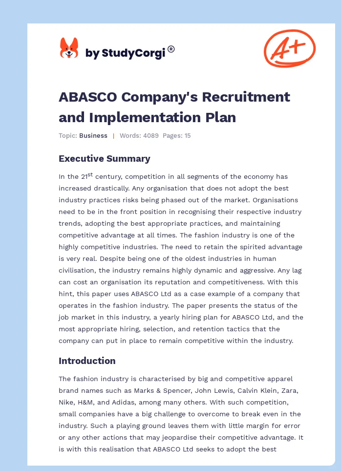 ABASCO Company's Recruitment and Implementation Plan. Page 1