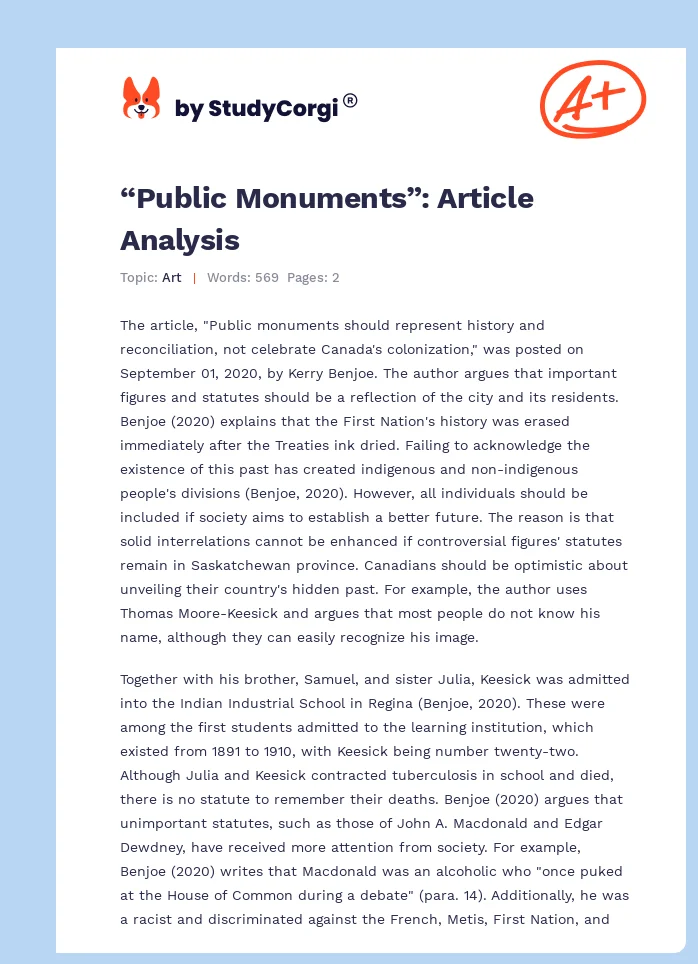 “Public Monuments”: Article Analysis. Page 1