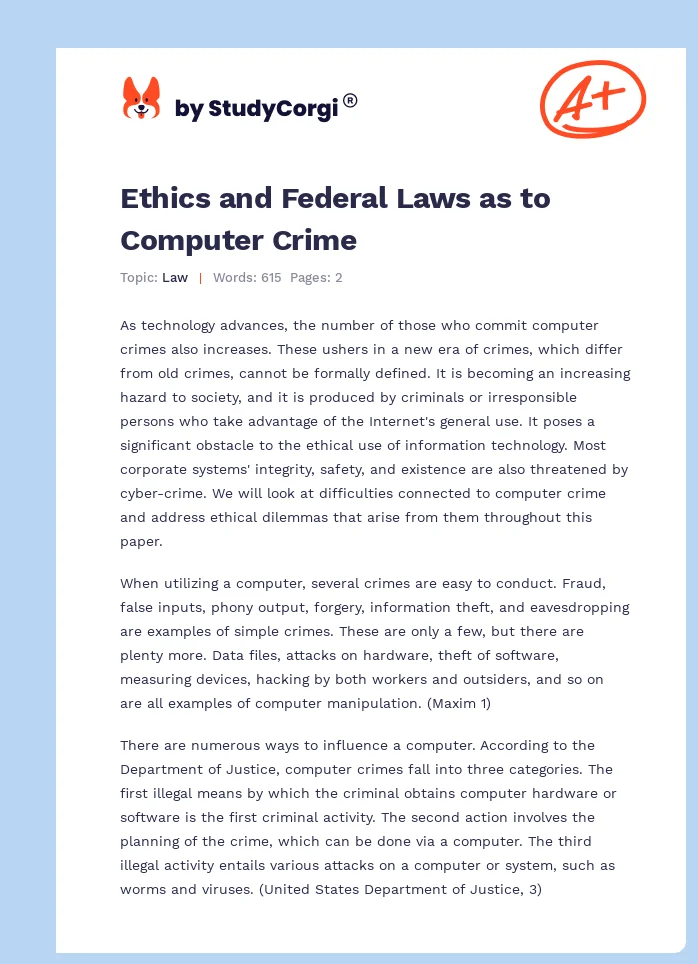 Ethics and Federal Laws as to Computer Crime. Page 1