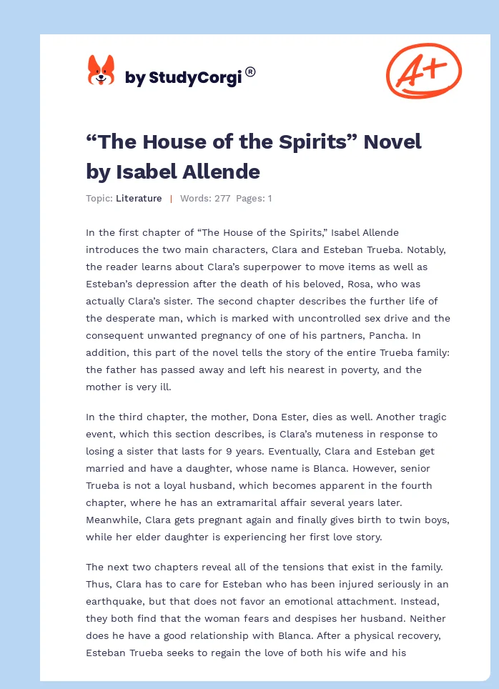 “The House of the Spirits” Novel by Isabel Allende. Page 1