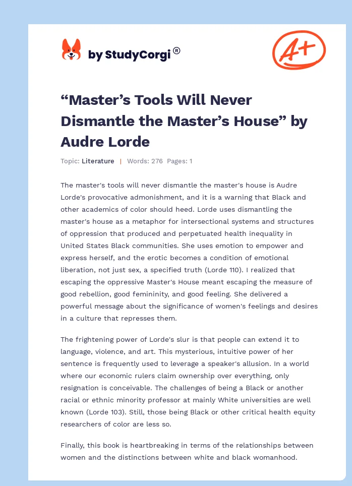 “Master’s Tools Will Never Dismantle the Master’s House” by Audre Lorde. Page 1