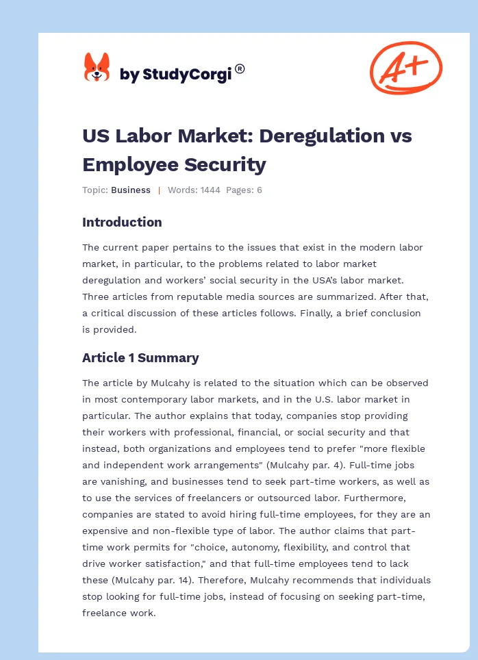 US Labor Market: Deregulation vs Employee Security. Page 1