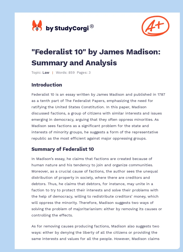 "Federalist 10" by James Madison: Summary and Analysis. Page 1