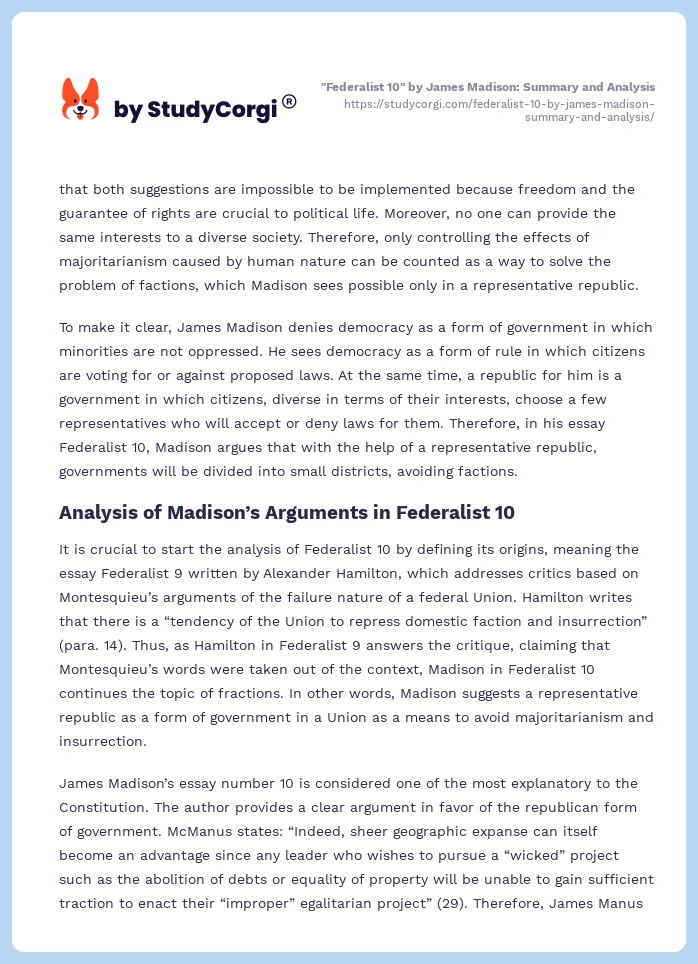 "Federalist 10" by James Madison: Summary and Analysis. Page 2