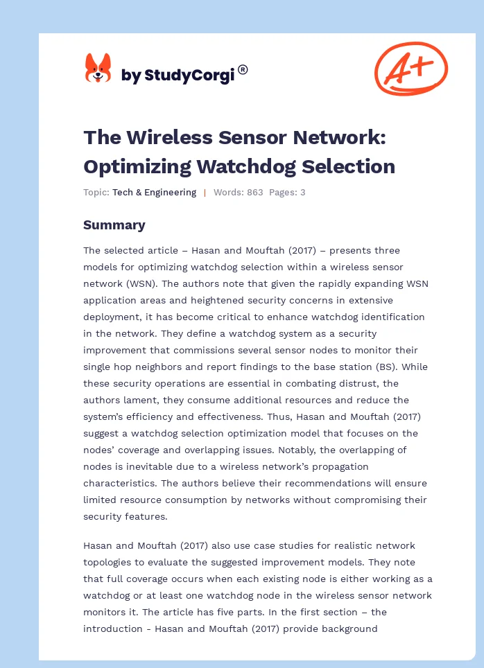 The Wireless Sensor Network: Optimizing Watchdog Selection. Page 1