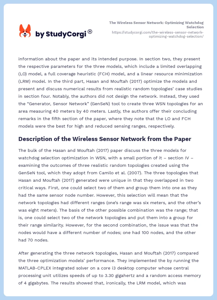 The Wireless Sensor Network: Optimizing Watchdog Selection. Page 2