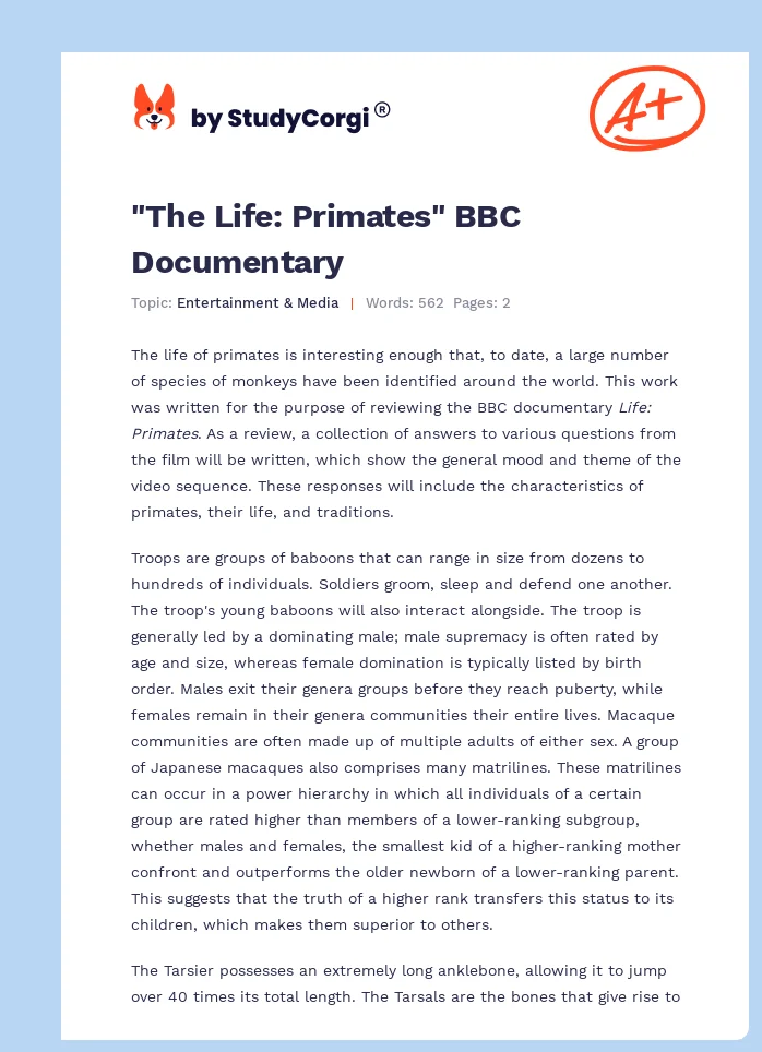 "The Life: Primates" BBC Documentary. Page 1