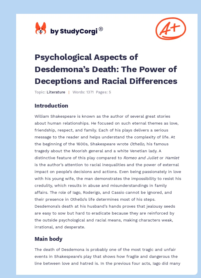 Psychological Aspects of Desdemona’s Death: The Power of Deceptions and Racial Differences. Page 1