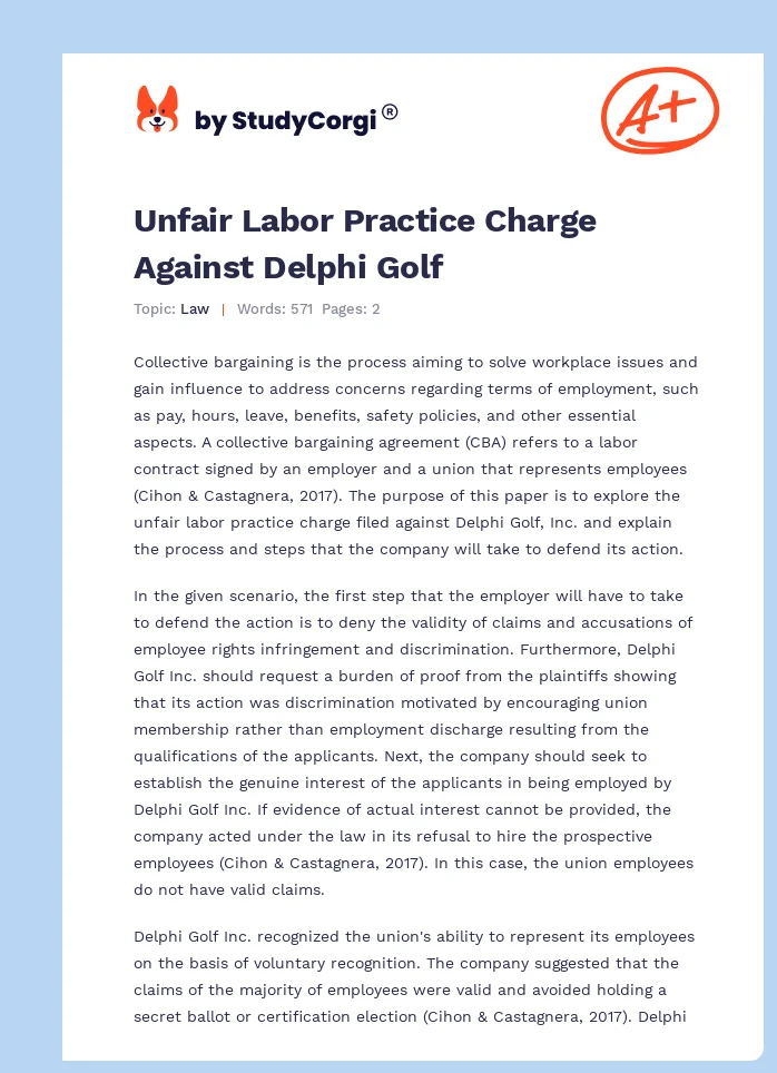 Unfair Labor Practice Charge Against Delphi Golf. Page 1