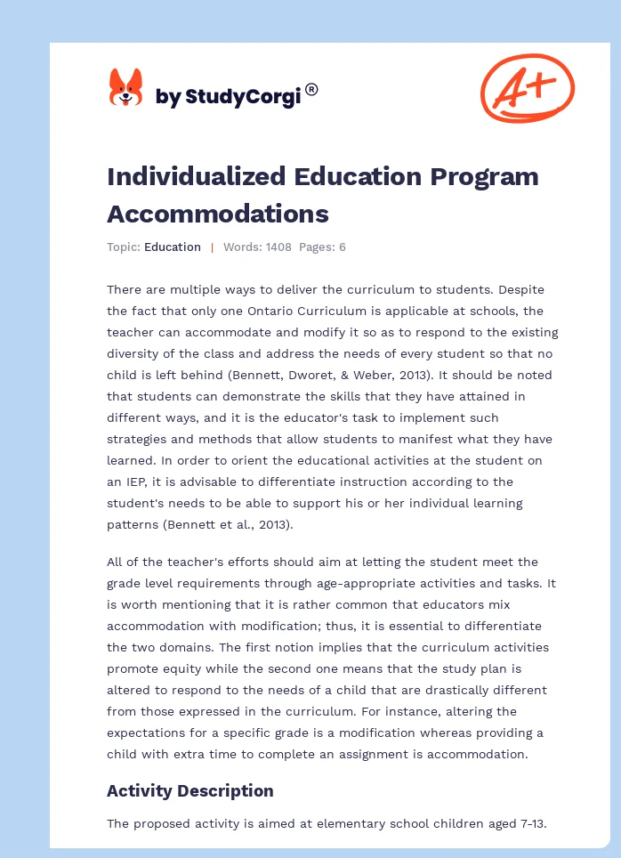 Individualized Education Program Accommodations. Page 1