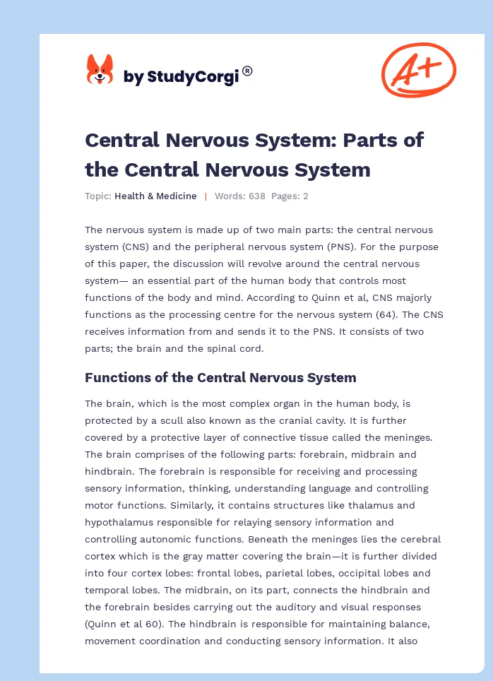 Central Nervous System: Parts of the Central Nervous System. Page 1