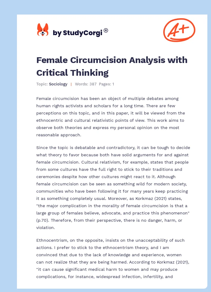 Female Circumcision Analysis with Critical Thinking. Page 1