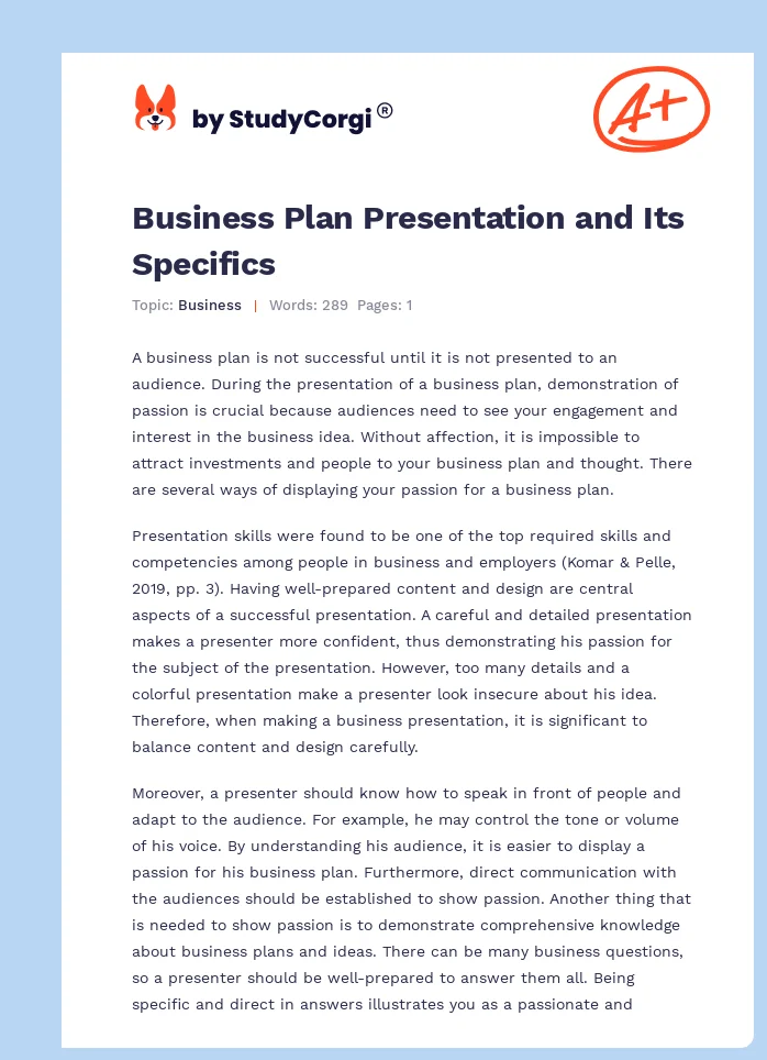 Business Plan Presentation and Its Specifics. Page 1