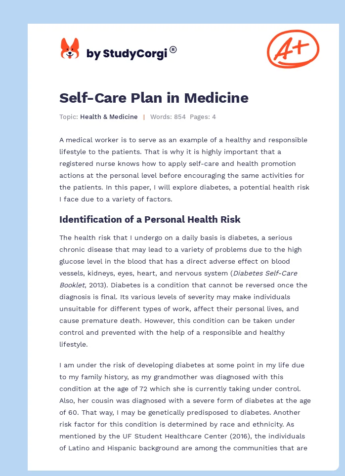 Self-Care Plan in Medicine. Page 1