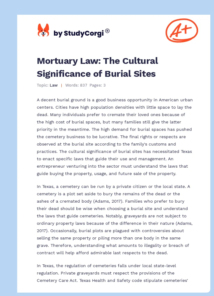 Mortuary Law: The Cultural Significance of Burial Sites. Page 1