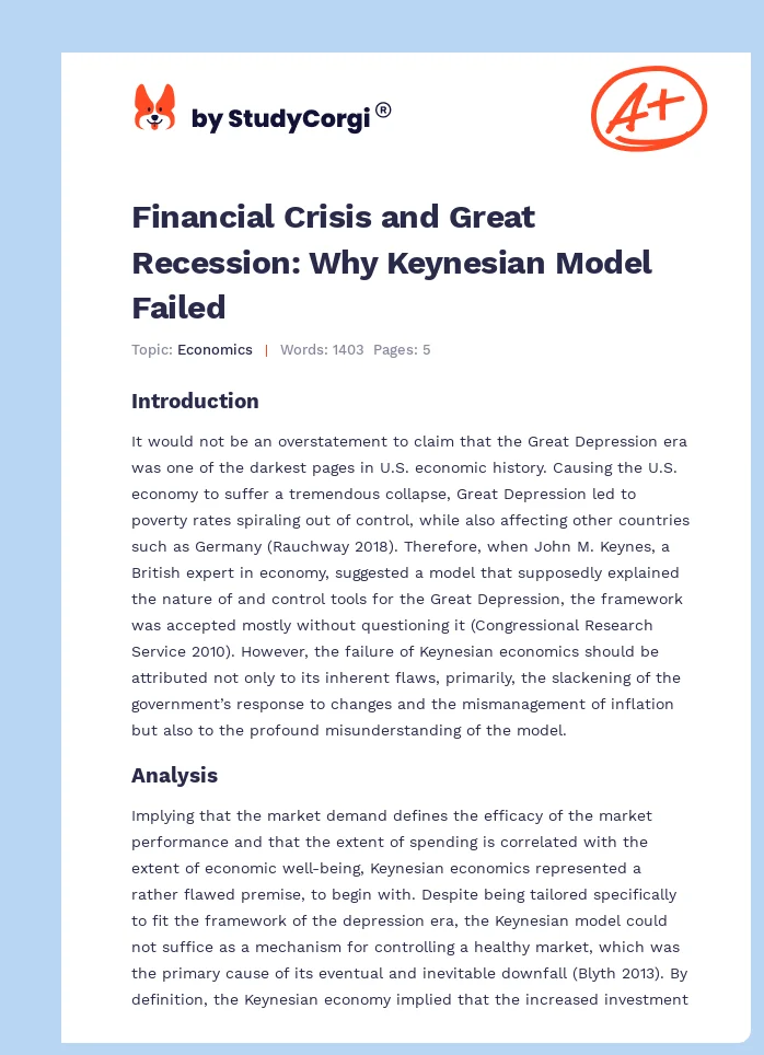 Financial Crisis and Great Recession: Why Keynesian Model Failed. Page 1