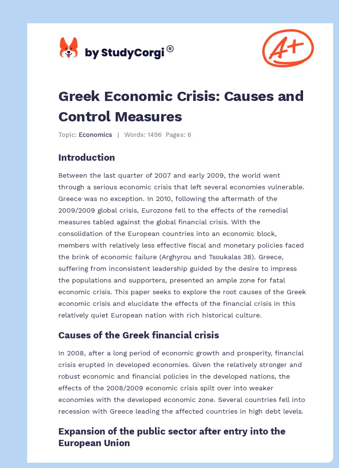 Greek Economic Crisis: Causes and Control Measures. Page 1