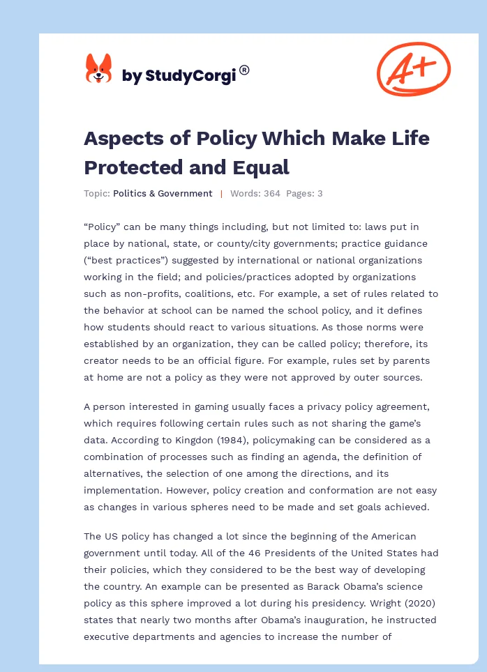 Aspects of Policy Which Make Life Protected and Equal. Page 1
