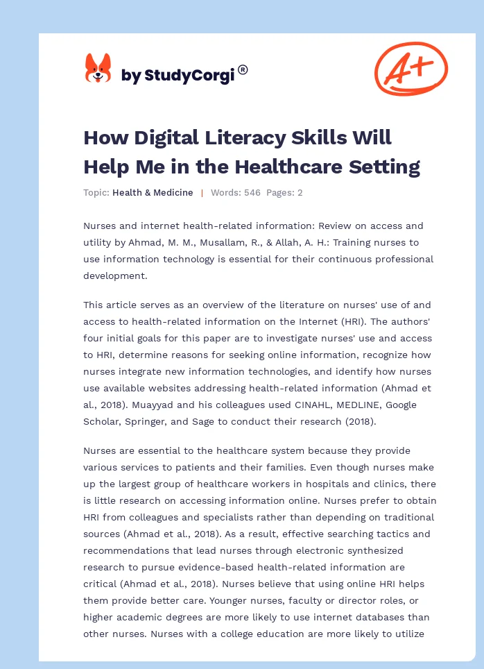 How Digital Literacy Skills Will Help Me in the Healthcare Setting. Page 1