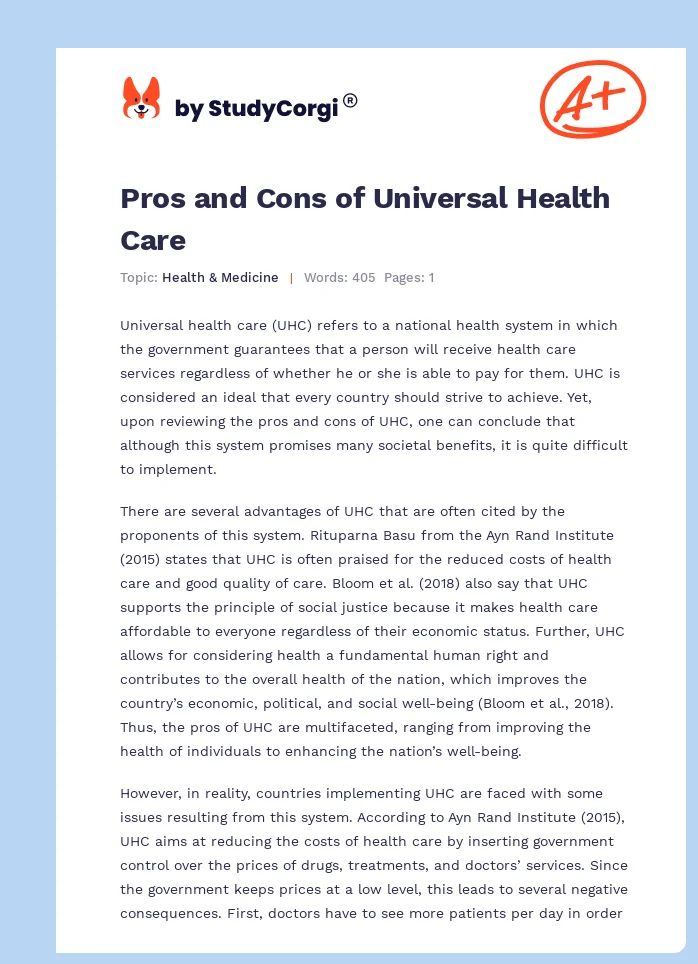 Pros and Cons of Universal Health Care. Page 1