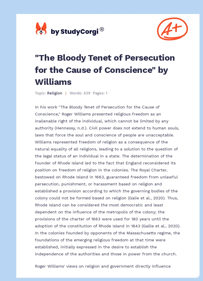 "The Bloody Tenet of Persecution for the Cause of Conscience" by Williams. Page 1