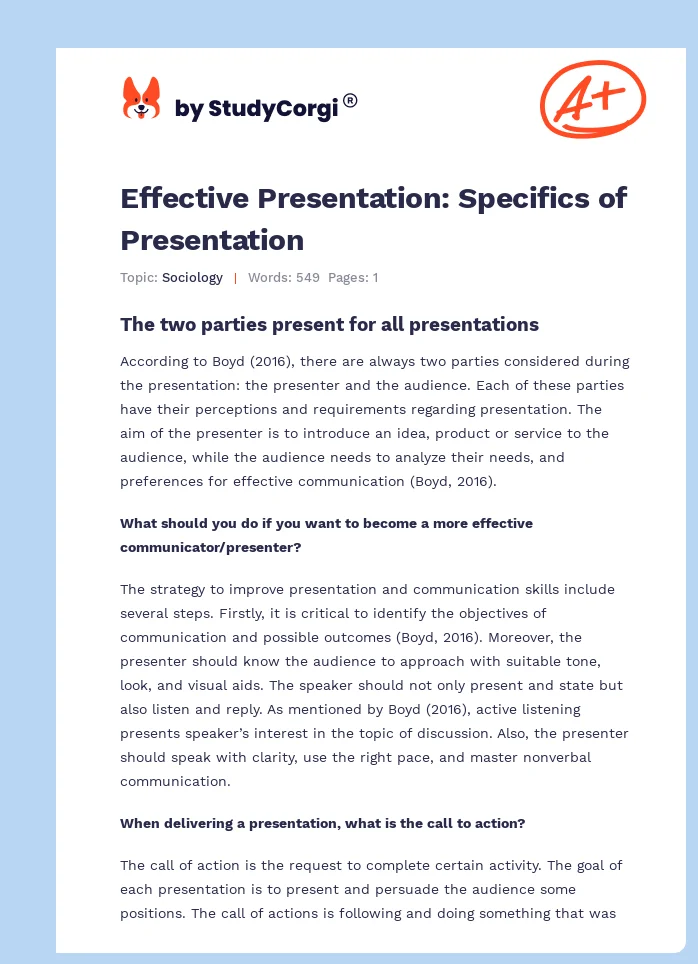 Effective Presentation: Specifics of Presentation. Page 1