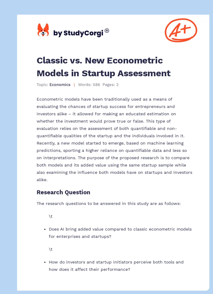 Classic vs. New Econometric Models in Startup Assessment. Page 1