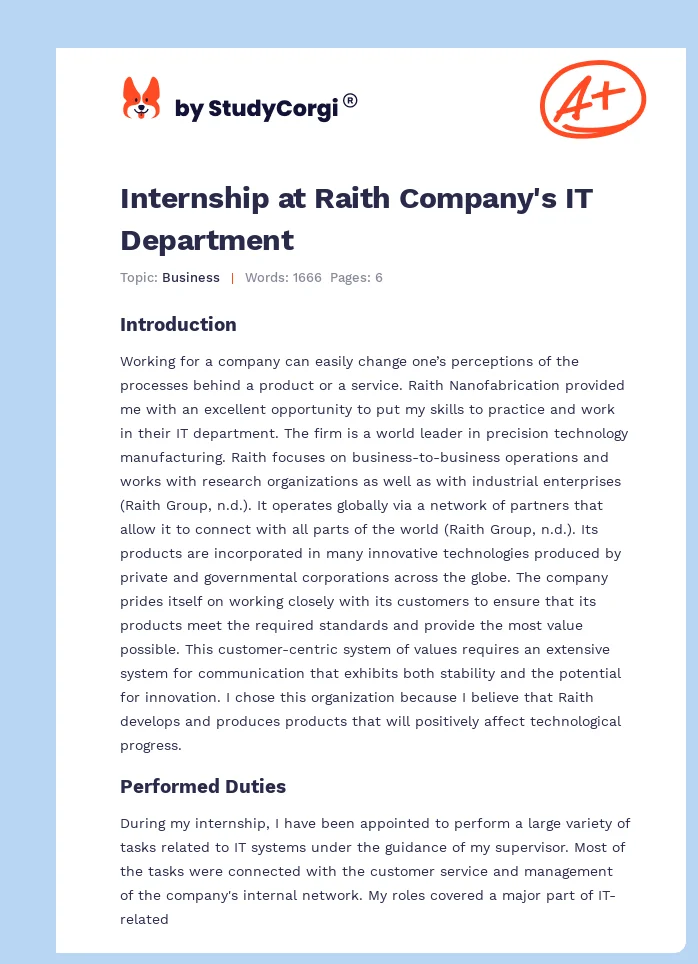 Internship at Raith Company's IT Department. Page 1