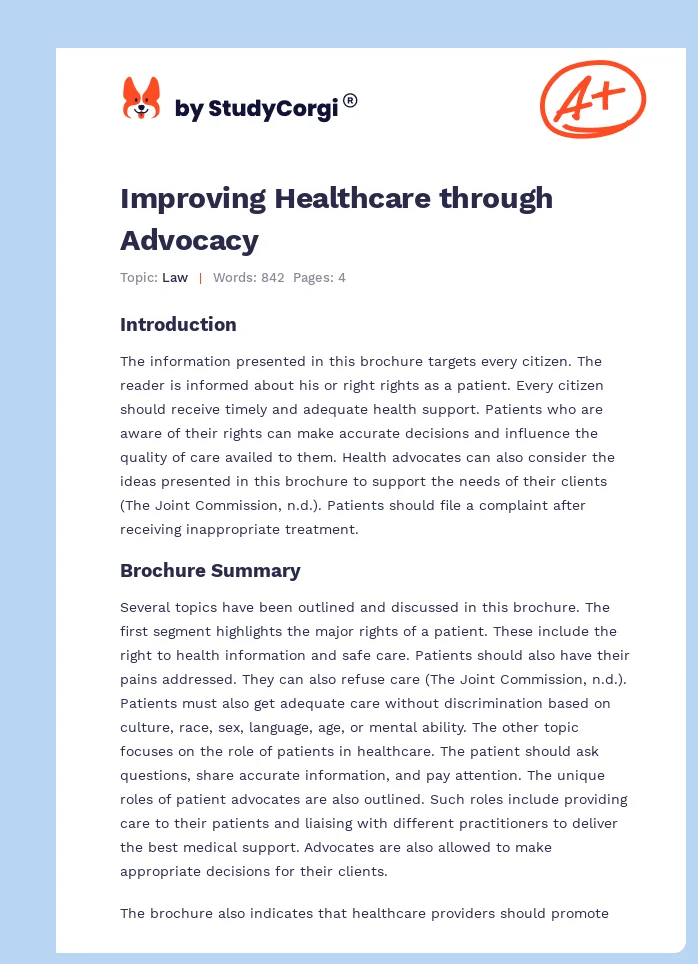 Improving Healthcare through Advocacy. Page 1