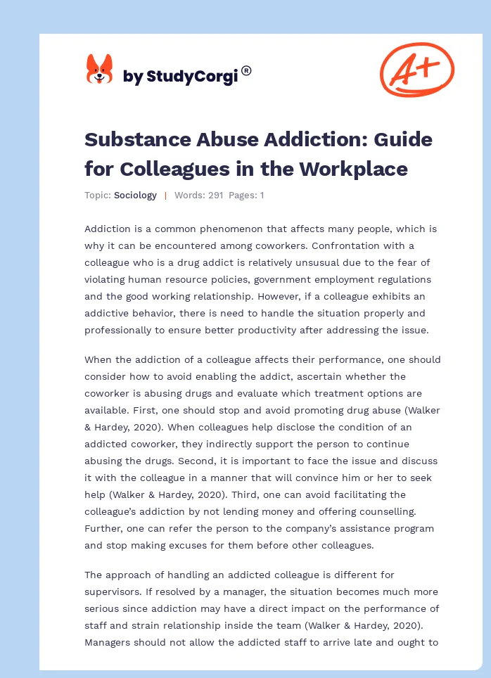 Substance Abuse Addiction: Guide for Colleagues in the Workplace. Page 1