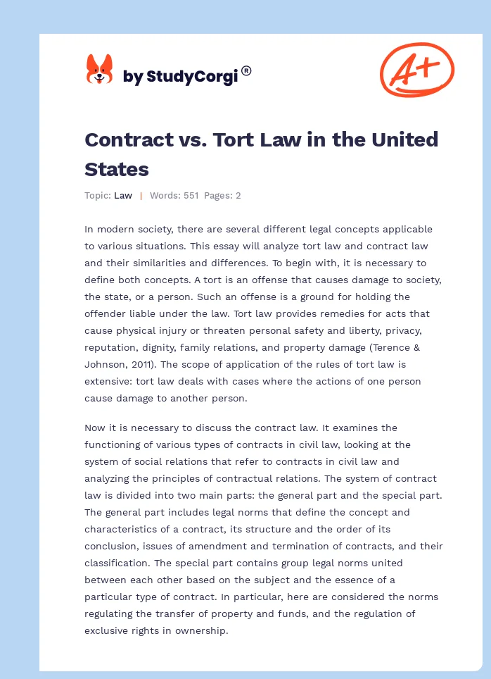 Contract vs. Tort Law in the United States. Page 1