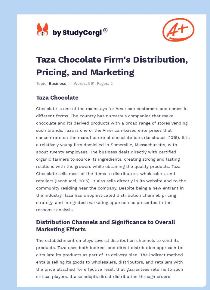 Taza Chocolate Firm's Distribution, Pricing, and Marketing. Page 1