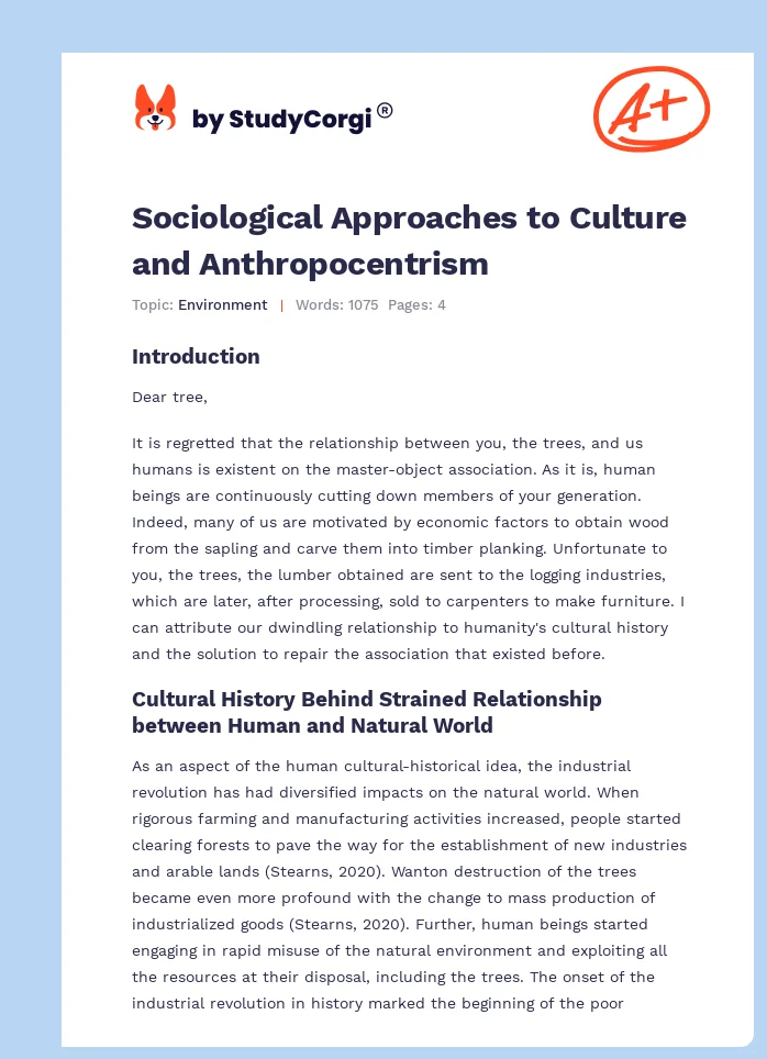 Sociological Approaches to Culture and Anthropocentrism. Page 1