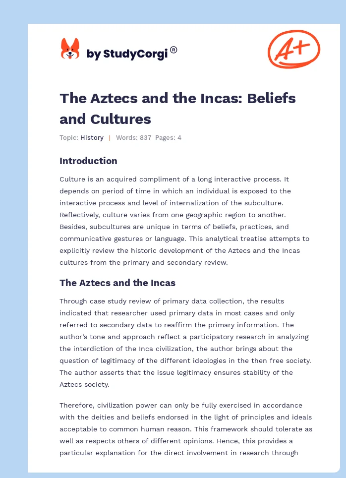 The Aztecs and the Incas: Beliefs and Cultures. Page 1