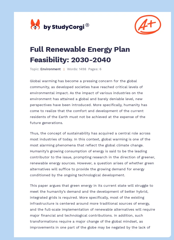 Full Renewable Energy Plan Feasibility: 2030-2040. Page 1