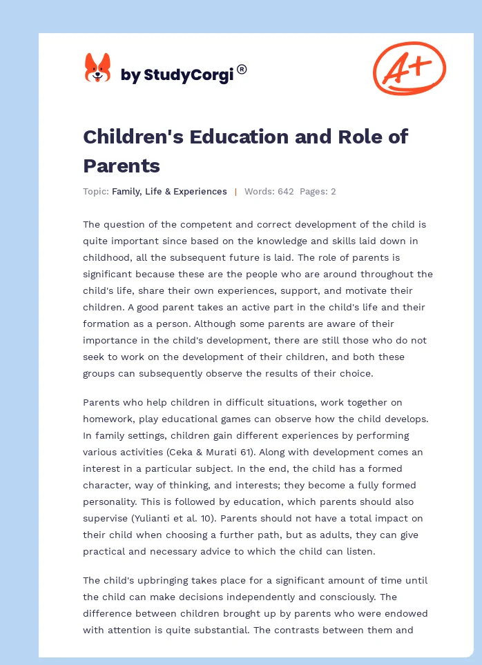 Children's Education and Role of Parents. Page 1