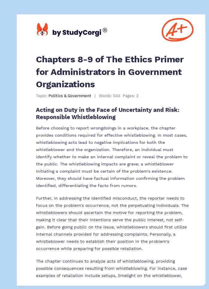 Chapters 8-9 of The Ethics Primer for Administrators in Government Organizations. Page 1