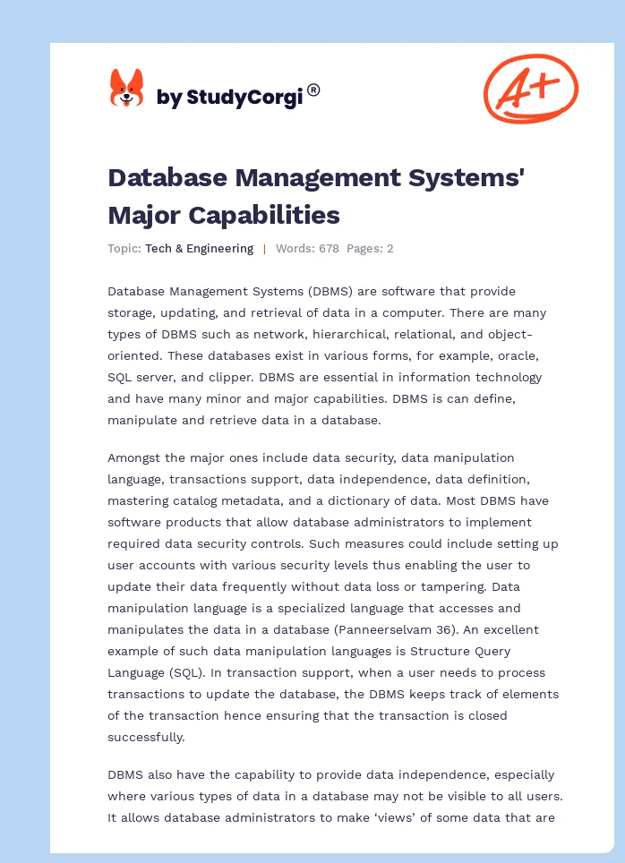 Database Management Systems' Major Capabilities. Page 1