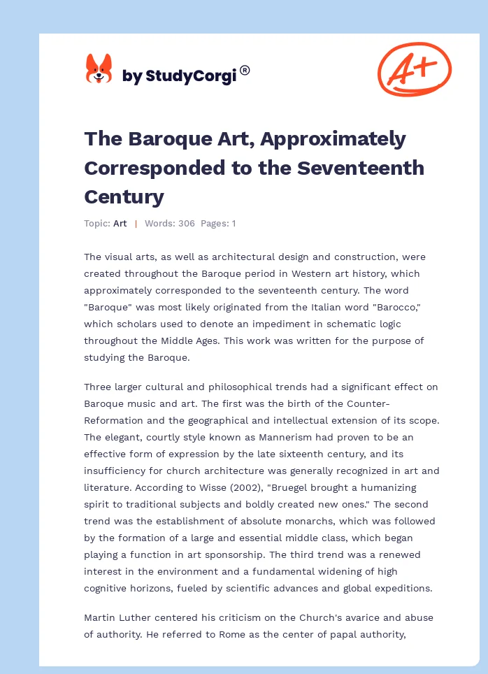 The Baroque Art, Approximately Corresponded to the Seventeenth Century. Page 1