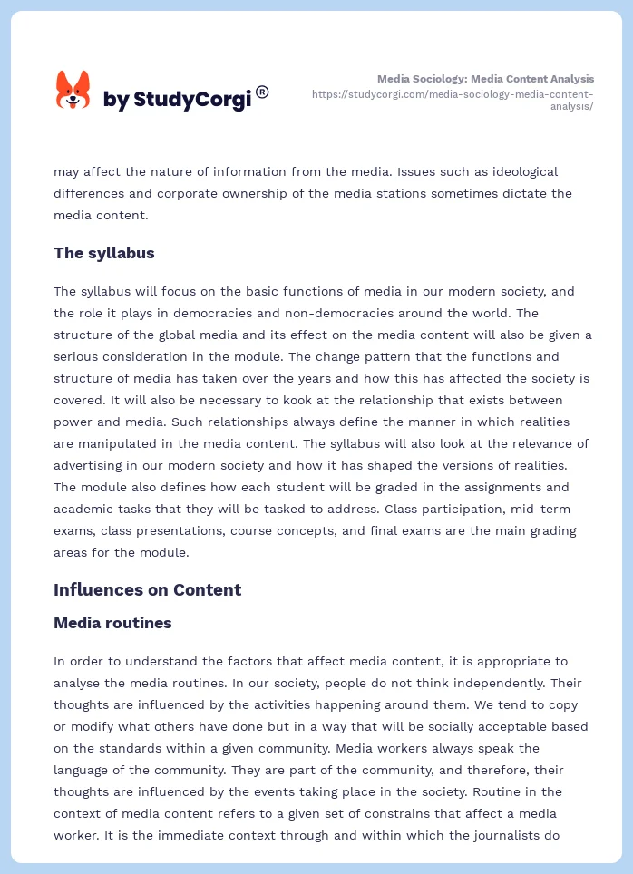 Media Sociology: Media Content Analysis. Page 2